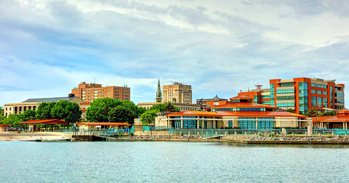 View of business district of Racine, WI.