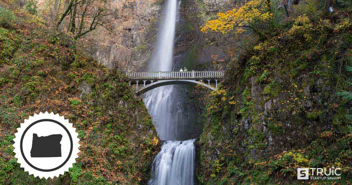 Landscape of a waterfall and a bridge in Oregon.