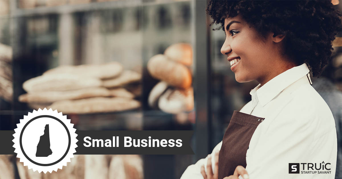 An outline of New Hampshire and woman with her arms crossed, smiling in front of her small business.