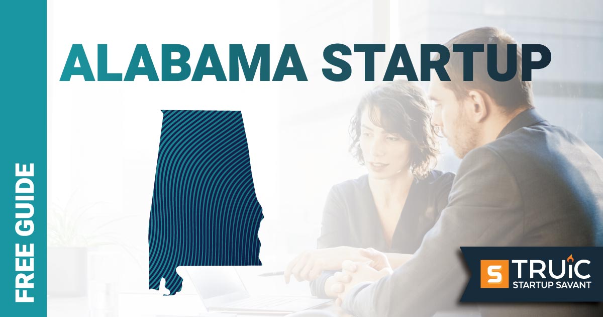 Outline of Alabama with text saying, Start a Startup, over an image of entrepreneurs working at a startup office.