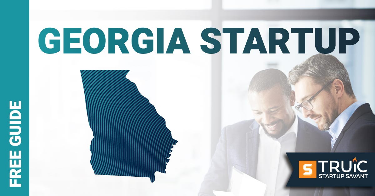 Outline of Georgia with text saying, Start a Startup, over an image of entrepreneurs working at a startup office.