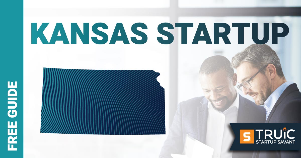 Outline of Kansas with text saying, Start a Startup, over an image of entrepreneurs working at a startup office.