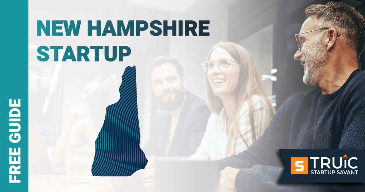 Outline of New Hampshire with text saying, Start a Startup, over an image of entrepreneurs working at a startup office.