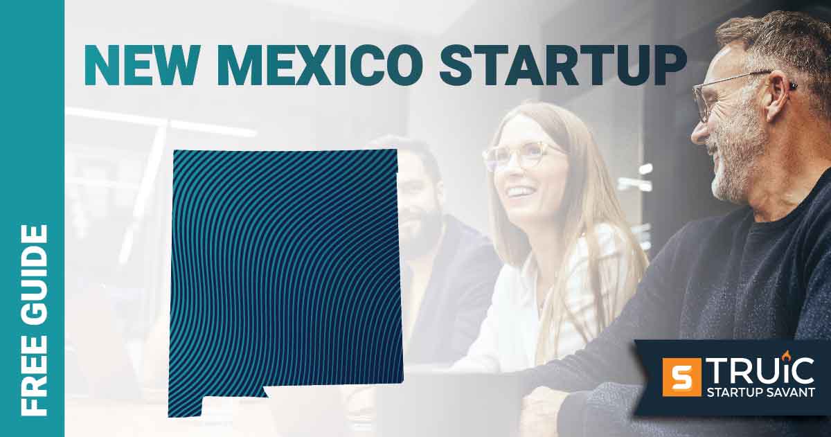 Outline of New Mexico with text saying, Start a Startup, over an image of entrepreneurs working at a startup office.