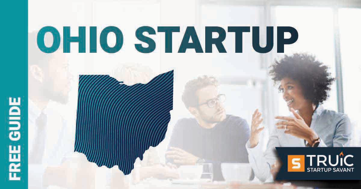 Outline of Ohio with text saying, Start a Startup, over an image of entrepreneurs working at a startup office.