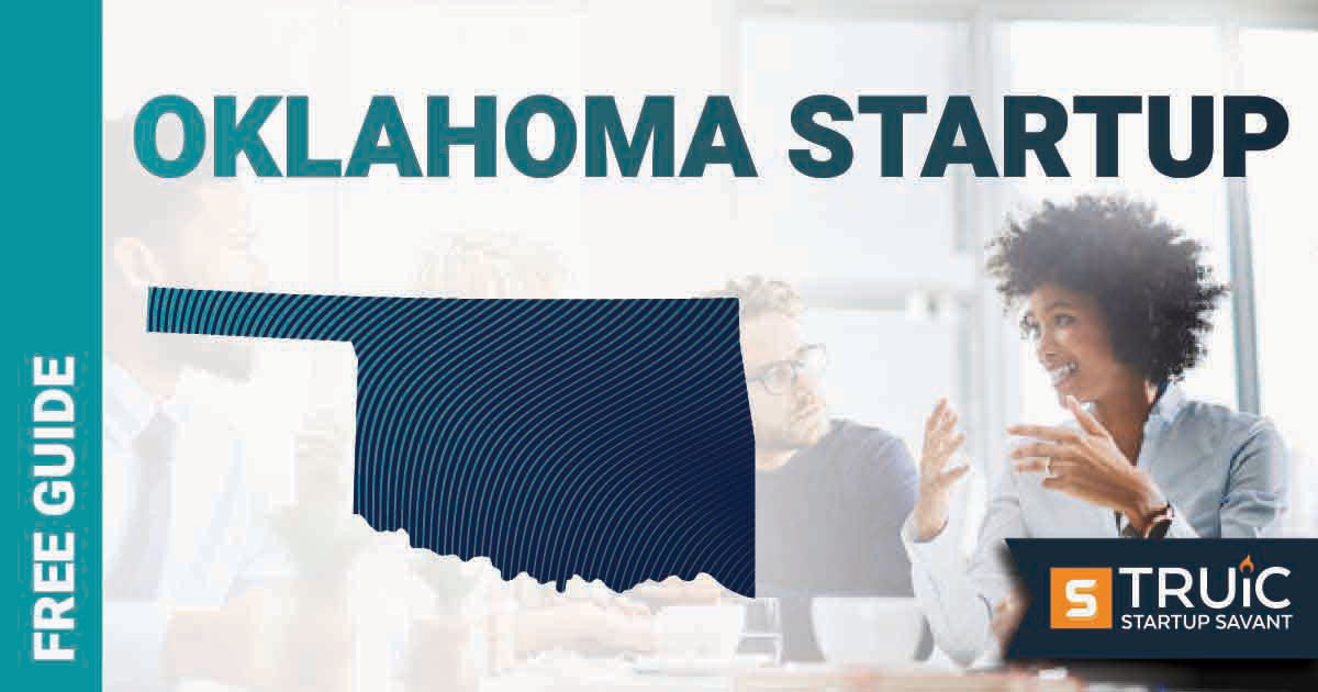 Outline of Oklahoma with text saying, Start a Startup, over an image of entrepreneurs working at a startup office.