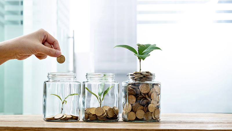 Person growing plants with coins in a jar.