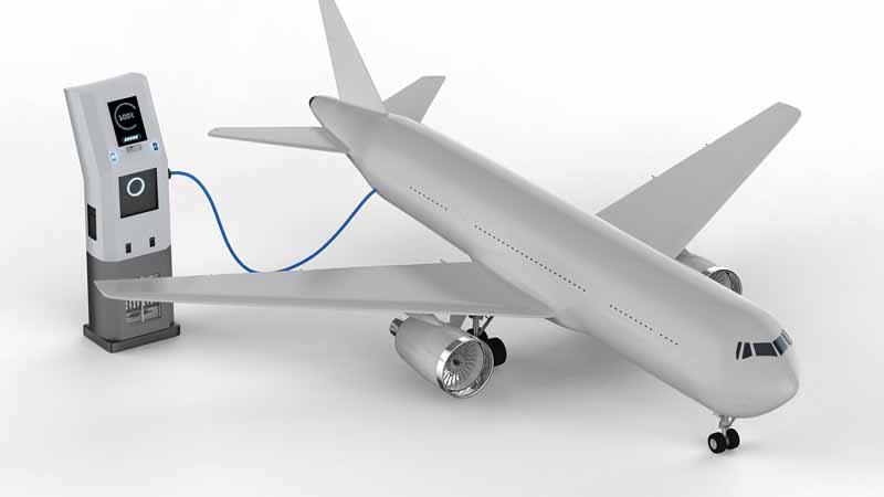 3D rendering of an airplane charging at a station.