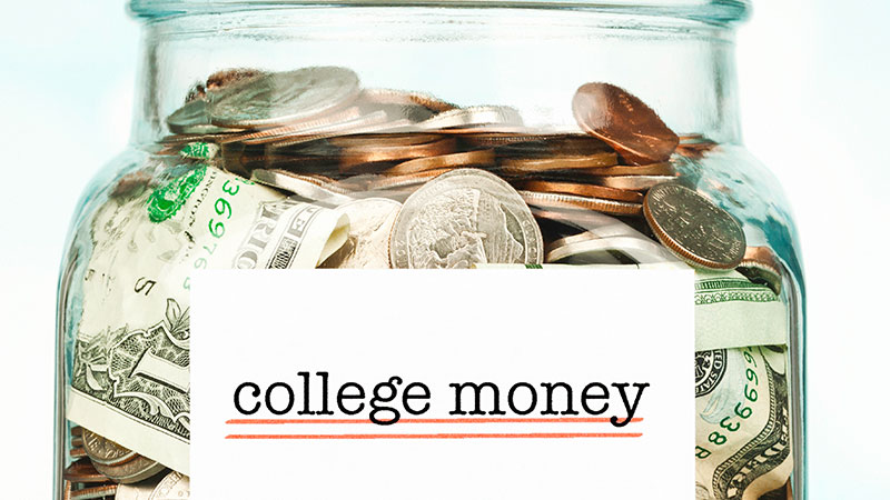 Jar labeled 'college money' filled with money.