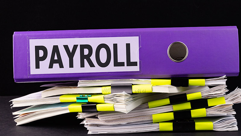  'Payroll' written on a large binder.