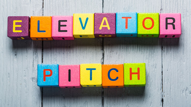 Colorful blocks spelling "elevator pitch."