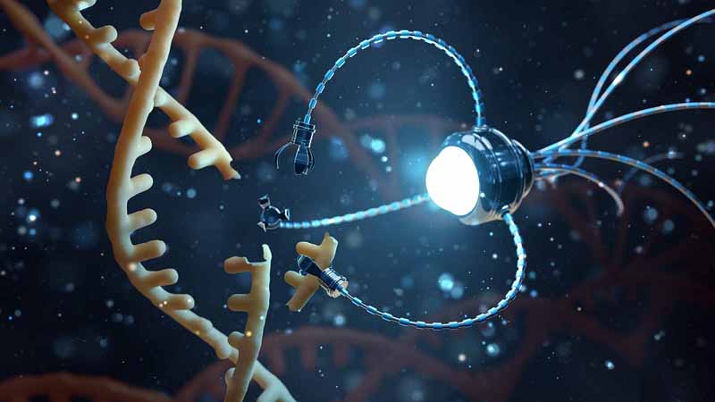 3D illustration of nanotechnology fixing DNA molecule.