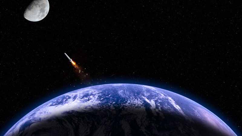 A rocket flying from Earth to the Moon.