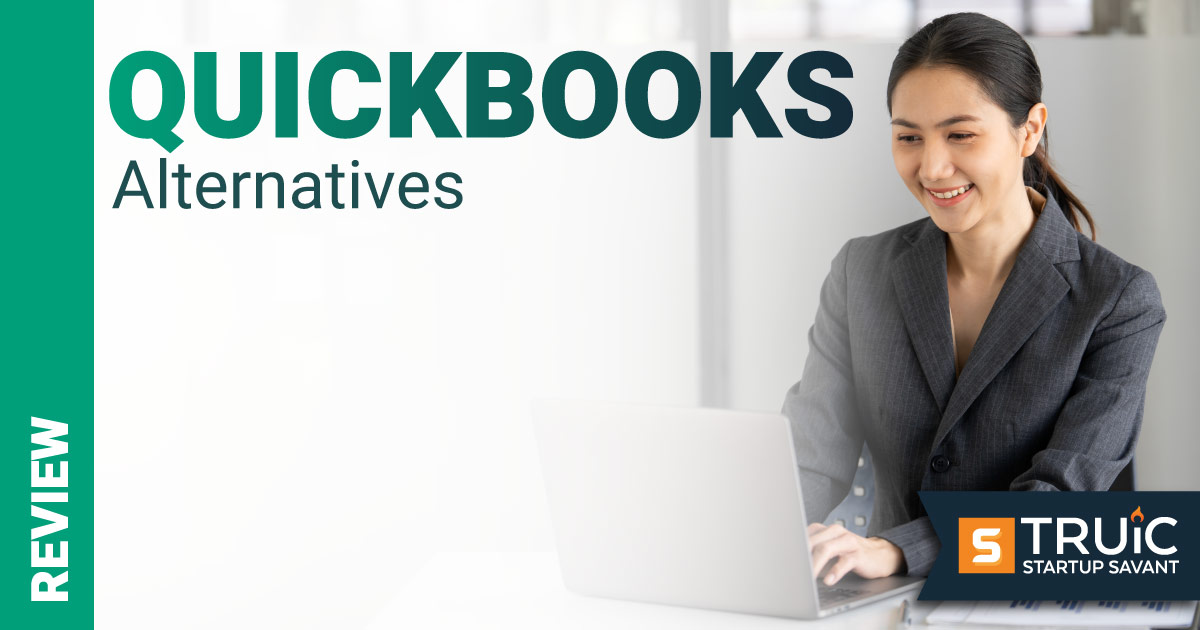 Business woman smiling next to text that says, QuickBooks alternatives.
