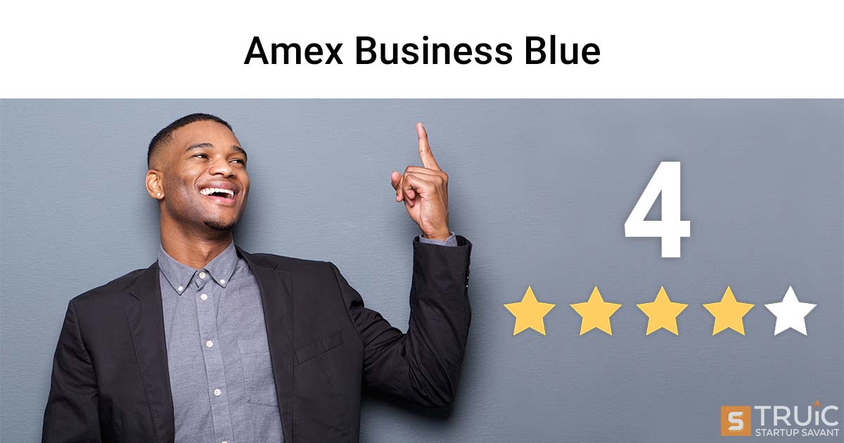 Smiling business person pointing at 4.0 stars and the American Express logo.