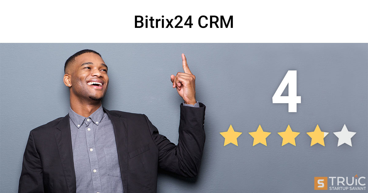 Man pointing at Bitrix24 with a rating.
