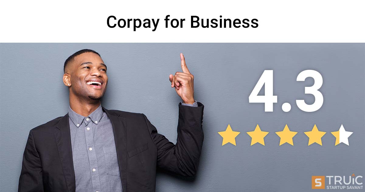 Smiling business person pointing at 4.3 stars and the words, Corpay for Business. 