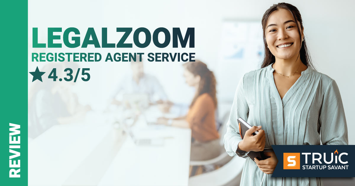 Woman smiling, holding a notebook with text LegalZoom Registered Agent Service Review.