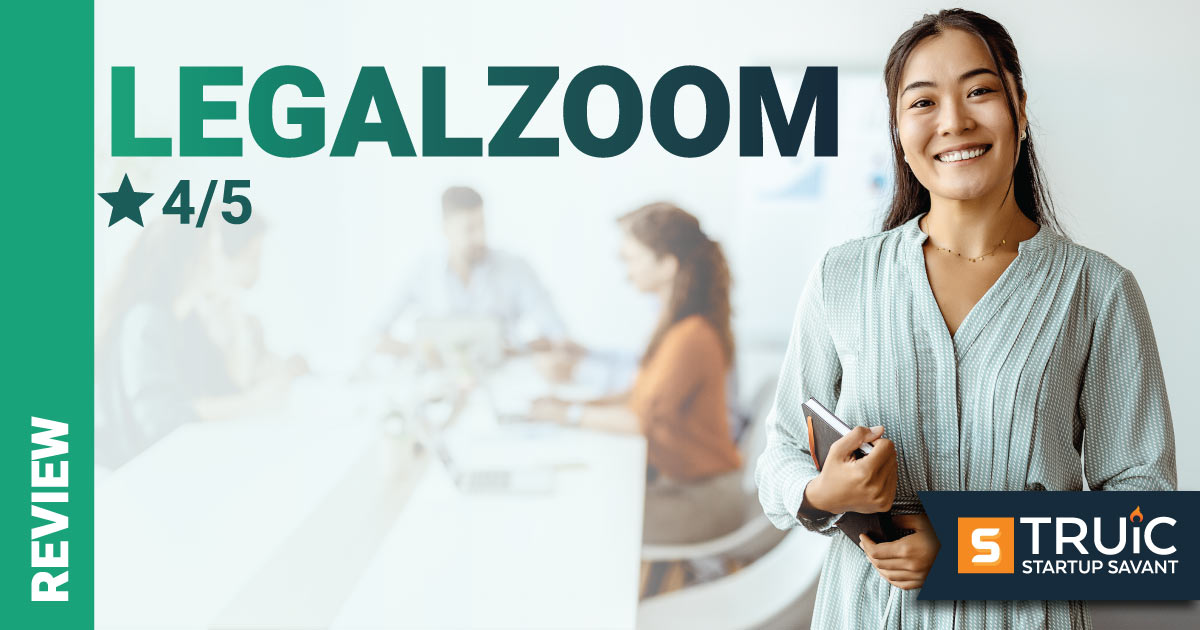 Businessman smiling and pointing at LegalZoom logo next to 3.6 star rating.