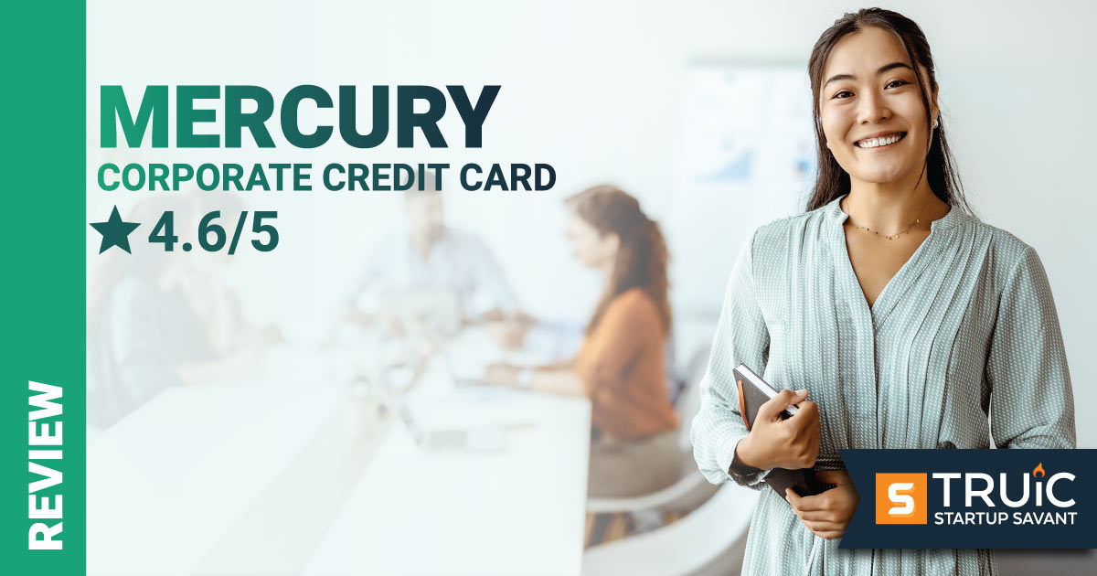 Smiling business person pointing at 4.1 stars and the words, Mercury Credit Card.