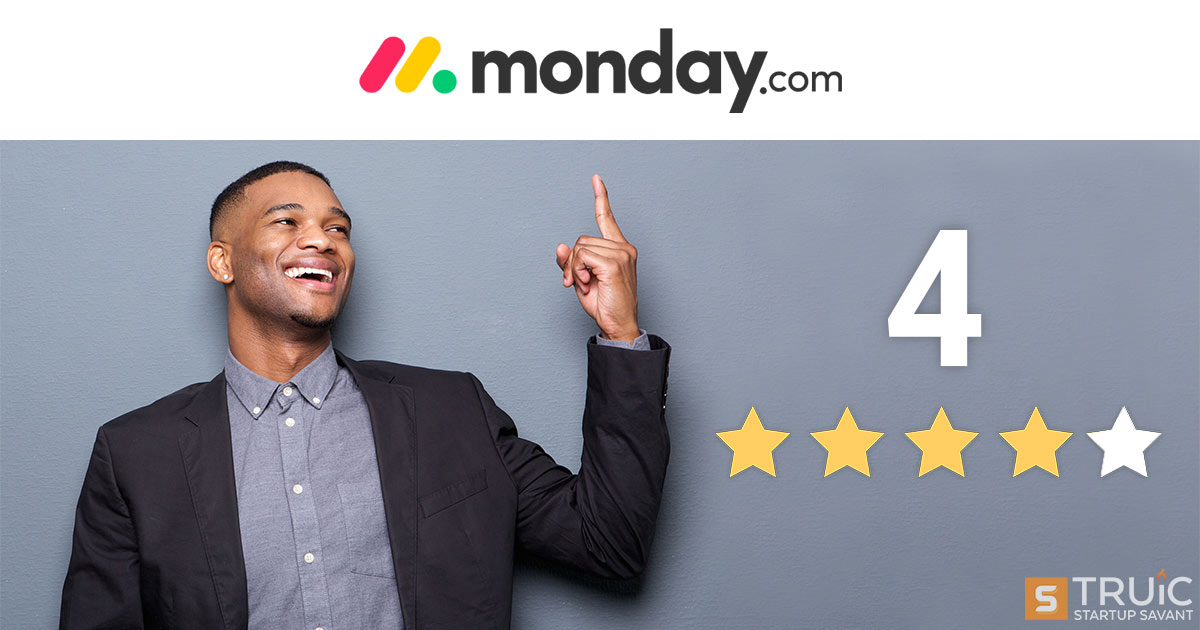 Smiling businessman next to 4 stars and pointing at Monday logo.