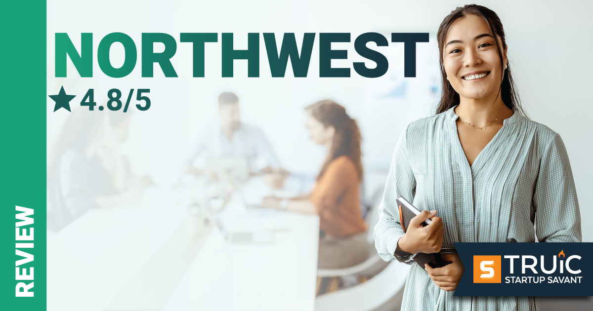 Smiling businessman pointing at Northwest Registered Agent logo next to a 4.7 star rating.