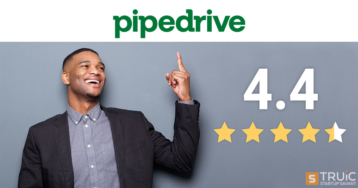 https://startupsavant.comSmiling businessman next to 4 stars and pointing at Pipedrive logo.