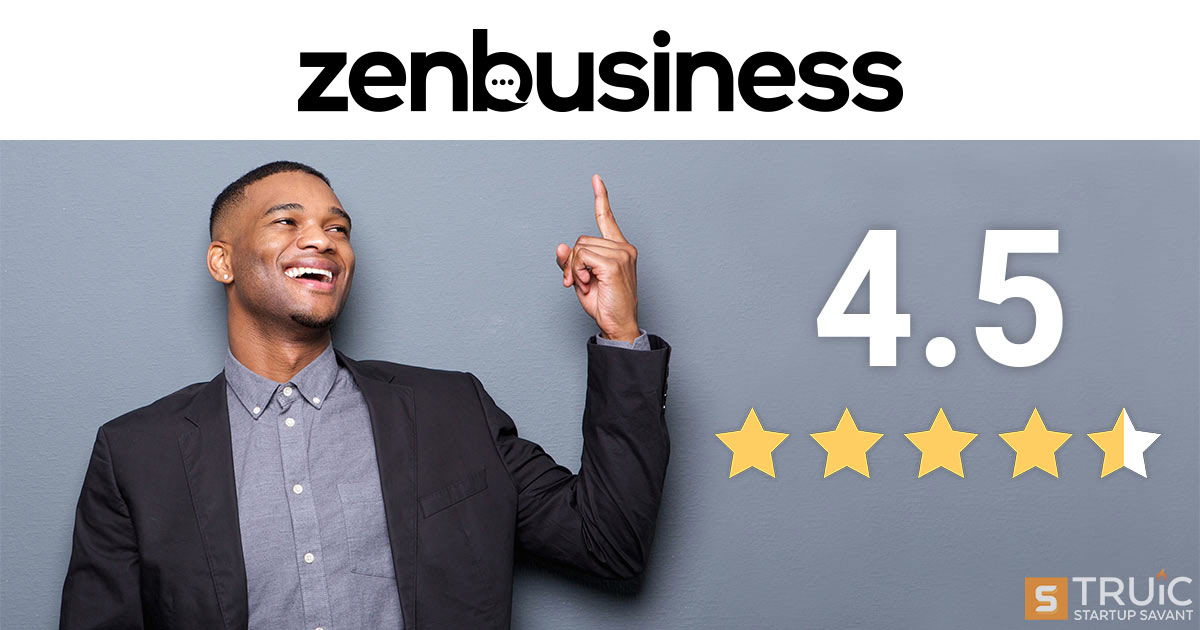 Businessman smiling and pointing at ZenBusiness logo next to 4.7 star rating.