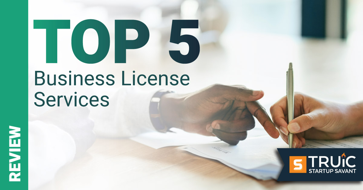 Smiling businesswoman with ribbon that says "Top 5 Business License Services."
