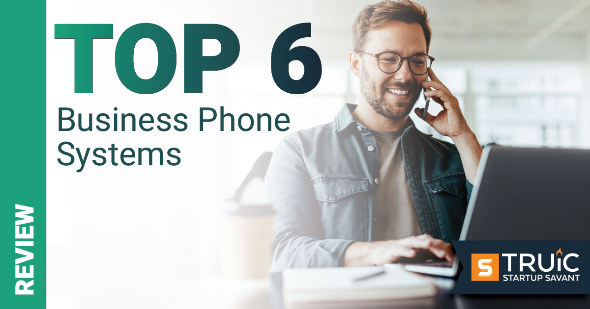 Smiling businesswoman with ribbon that says "Top 6 Business Phone Services."