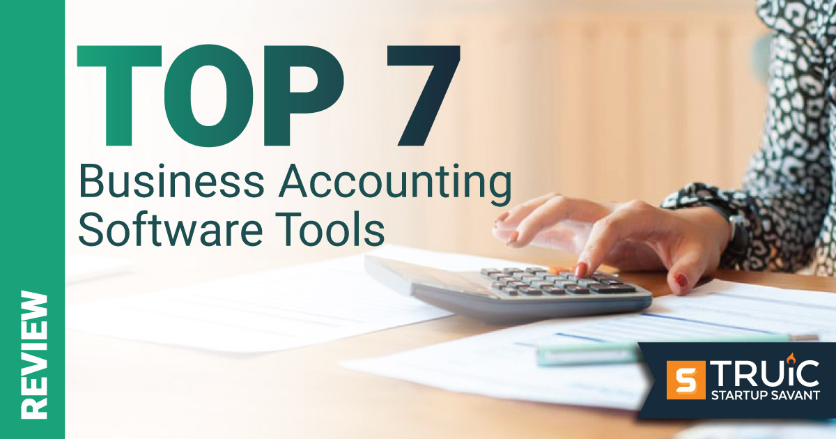 Smiling businesswoman with ribbon that says "Top 7 Accounting Software Tools."