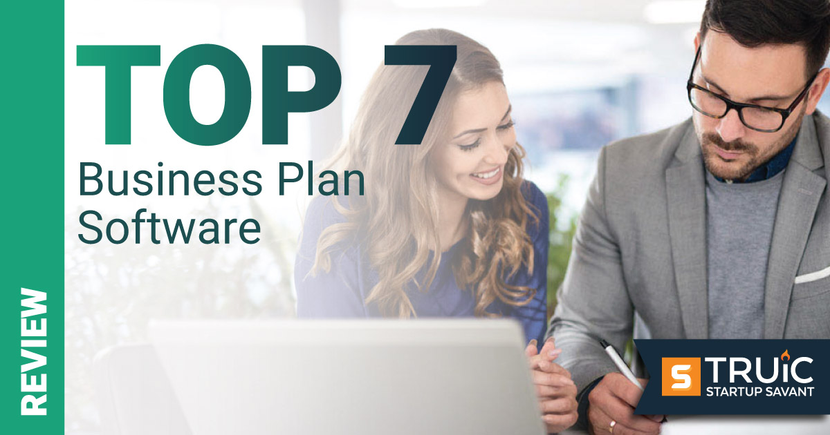 Businessman and businesswoman next to a graphic that says "Top 7 Planning Software Tools".