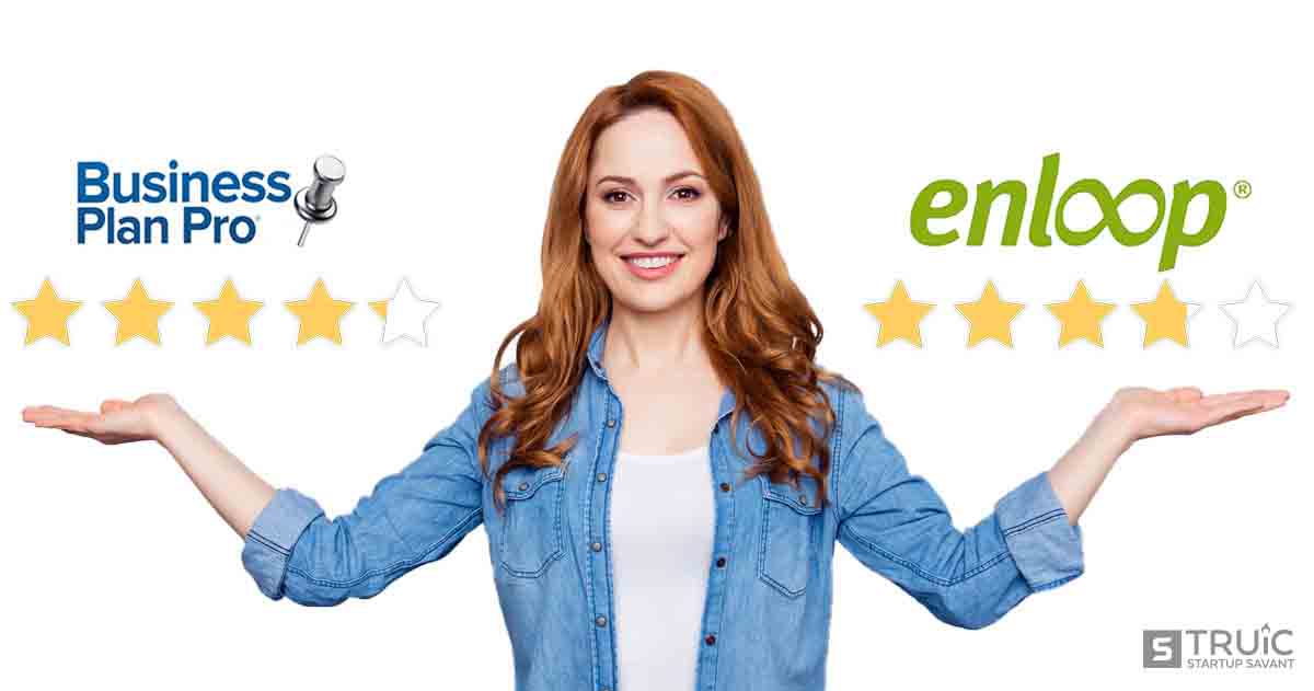 Woman gesturing to four point one star Business Plan Pro and three point nine star Enloop.