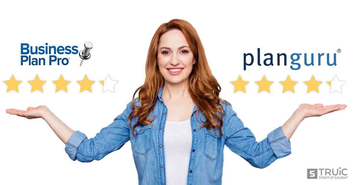 Woman gesturing to four point one star Business Plan Pro and four point one star PlanGuru.