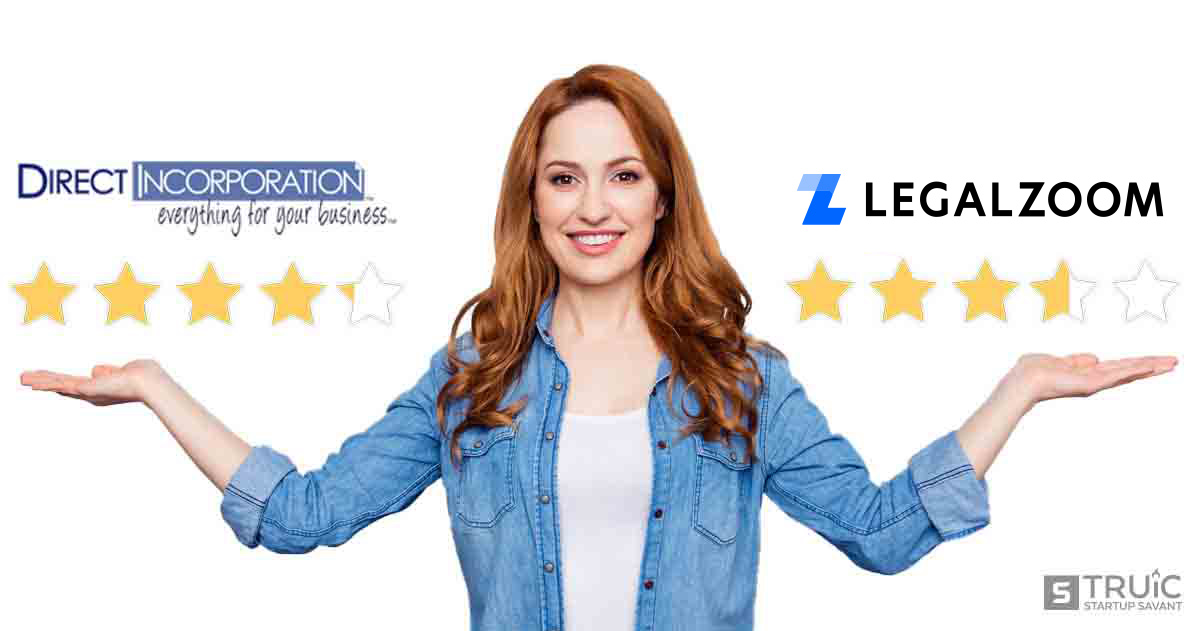 Woman gesturing to four point one star Direct Incorporation and three point five star LegalZoom.