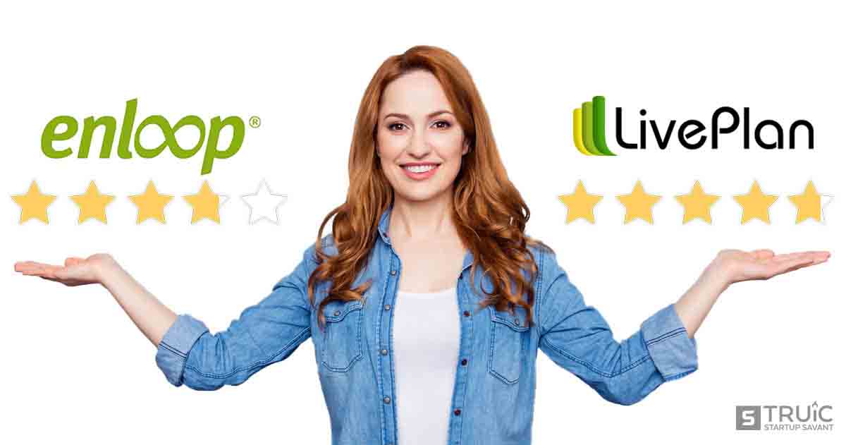 Woman gesturing to three point nine star Enloop and four point eight star LivePlan.