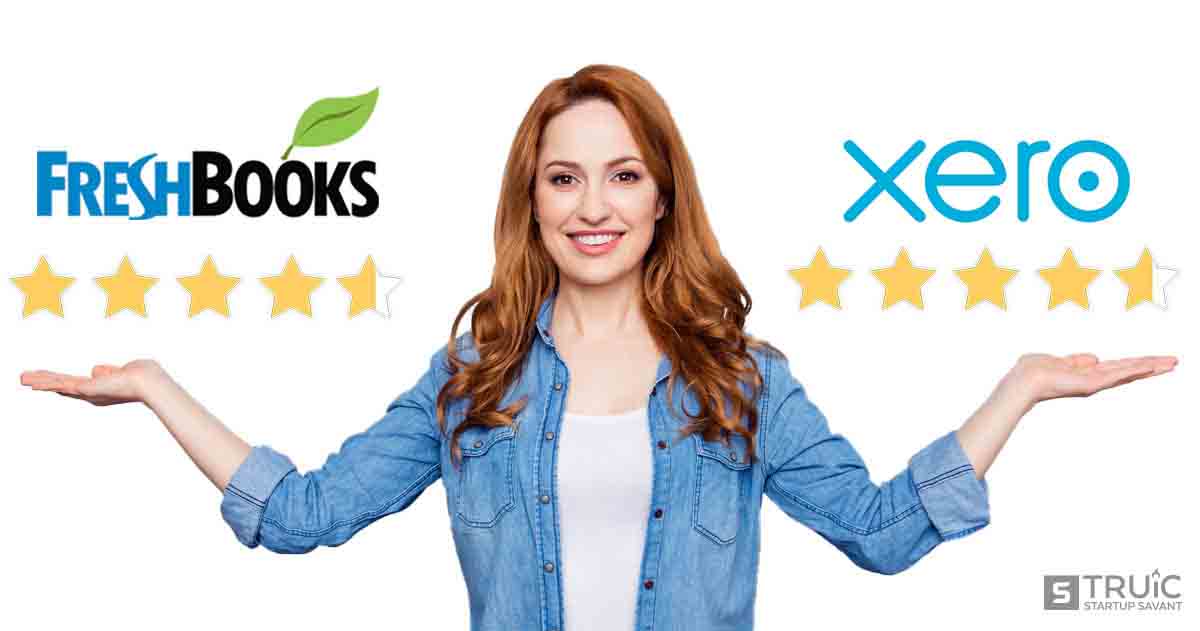 Woman gesturing to four point six star FreshBooks and four point six star Xero.