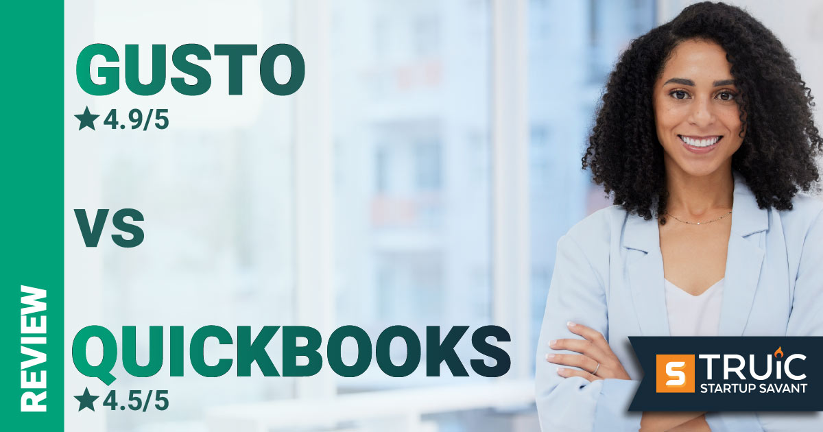 Woman smiling next to gusto and quickbooks rating.