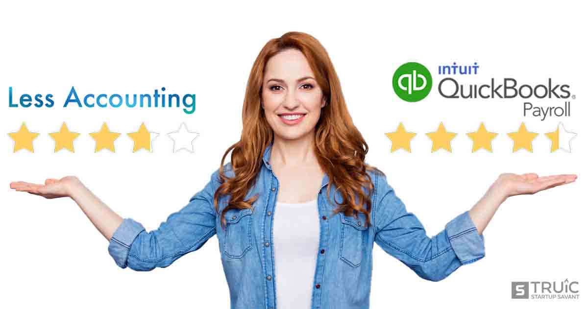 Woman gesturing to three point eight star LessAccounting and four point three star QuickBooks.