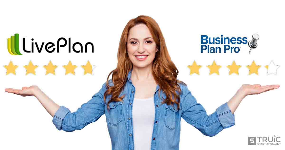 Woman gesturing to four point eight star LivePlan and four point one star Business Plan Pro.