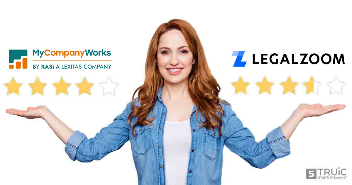 Woman gesturing to four-star MyCompanyWorks and three point six star LegalZoom.