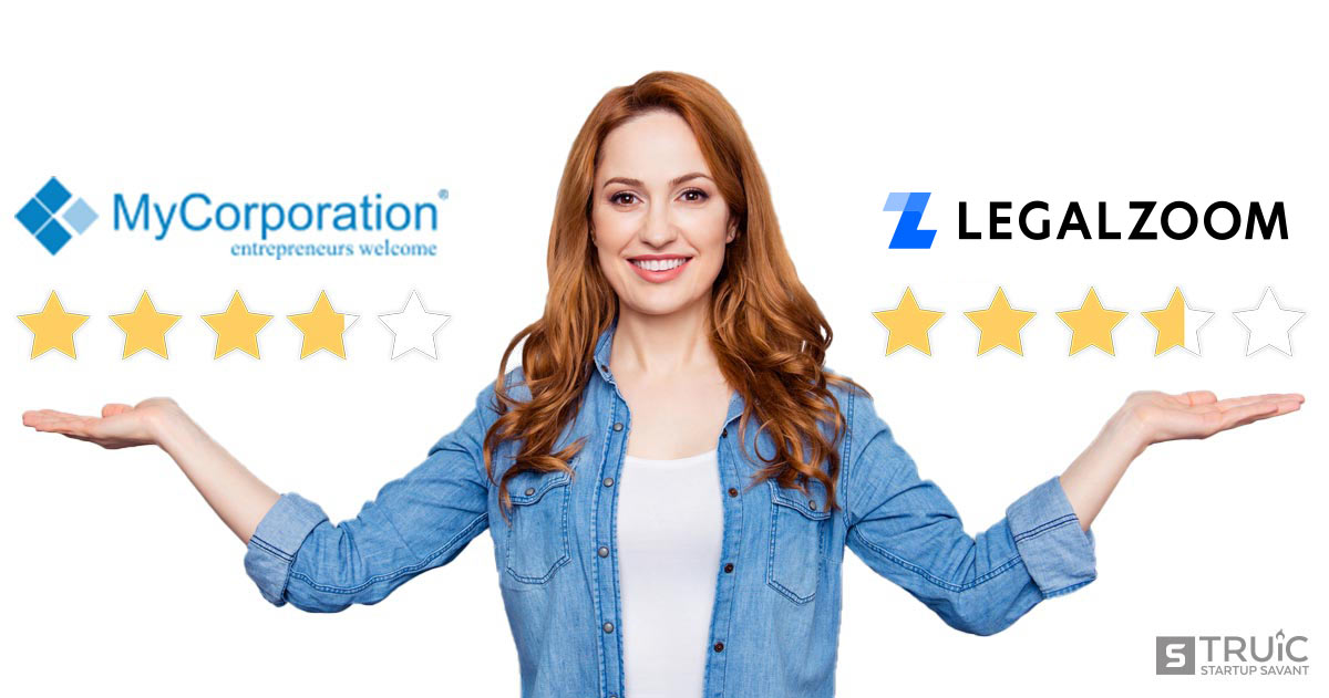 Woman gesturing to three point nine star MyCorporation and three point six star LegalZoom.