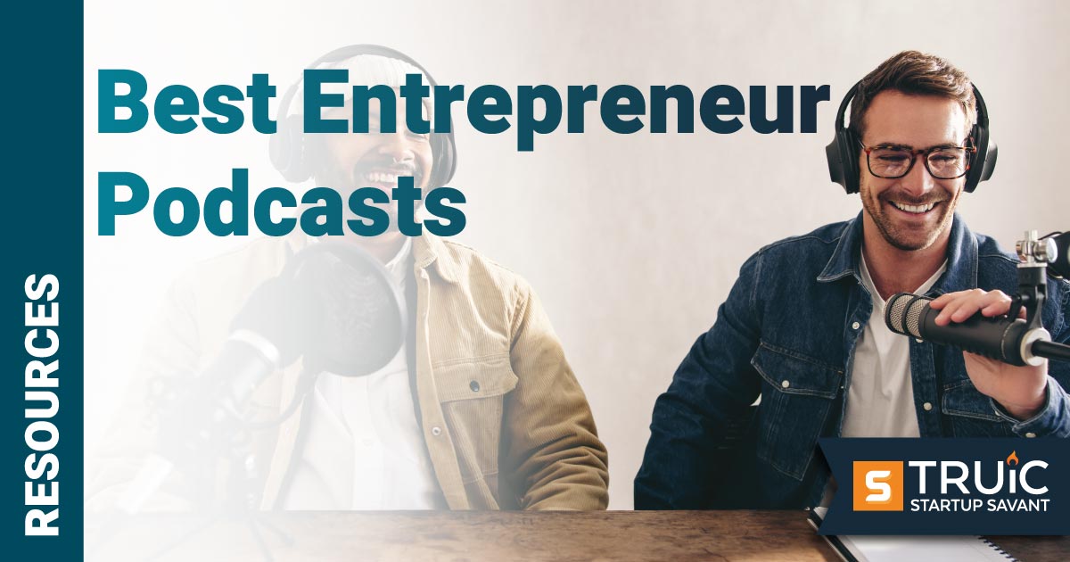 Two podcasters laughing with text ‘best entrepreneur podcasts.’