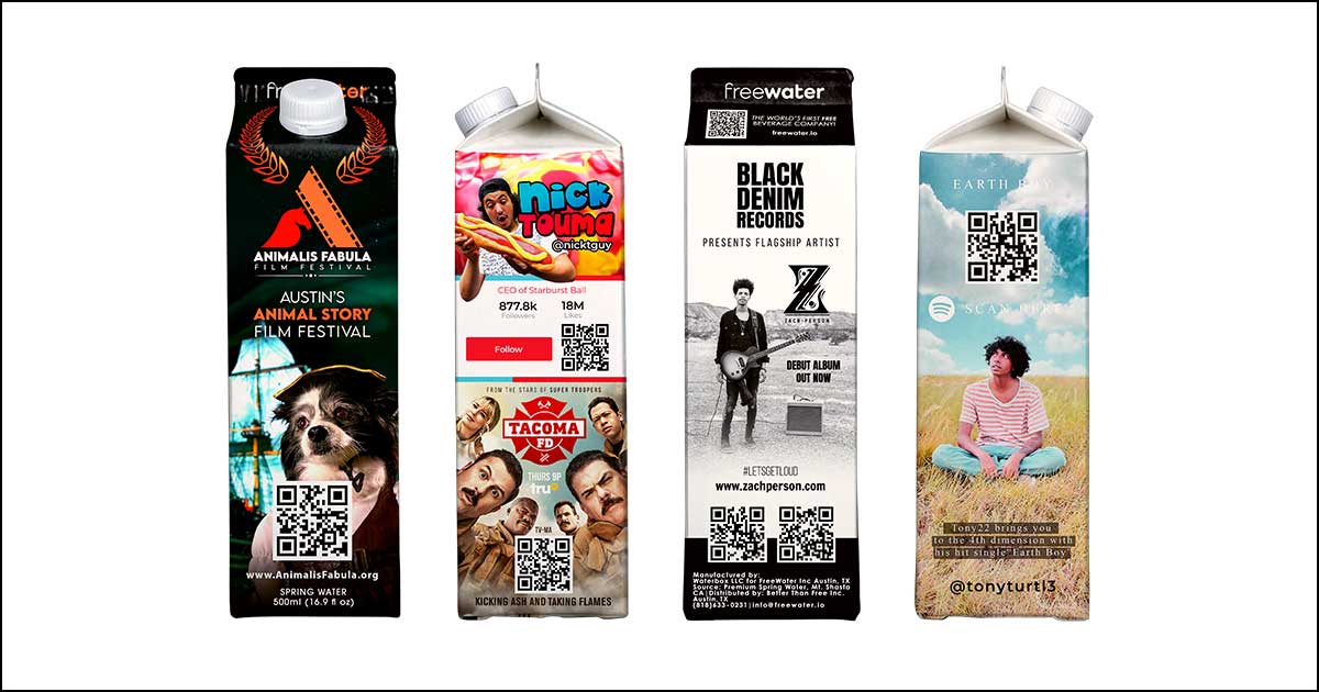 FreeWater paper bottles with ads. 