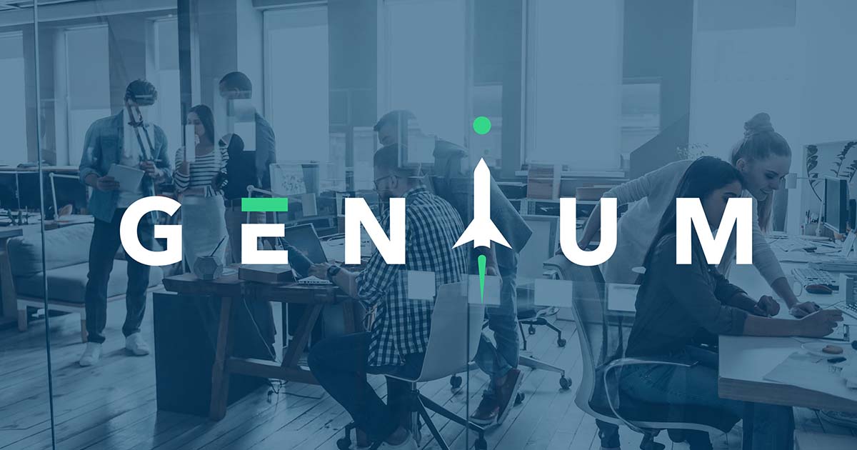 Genium logo over people working in an office.
