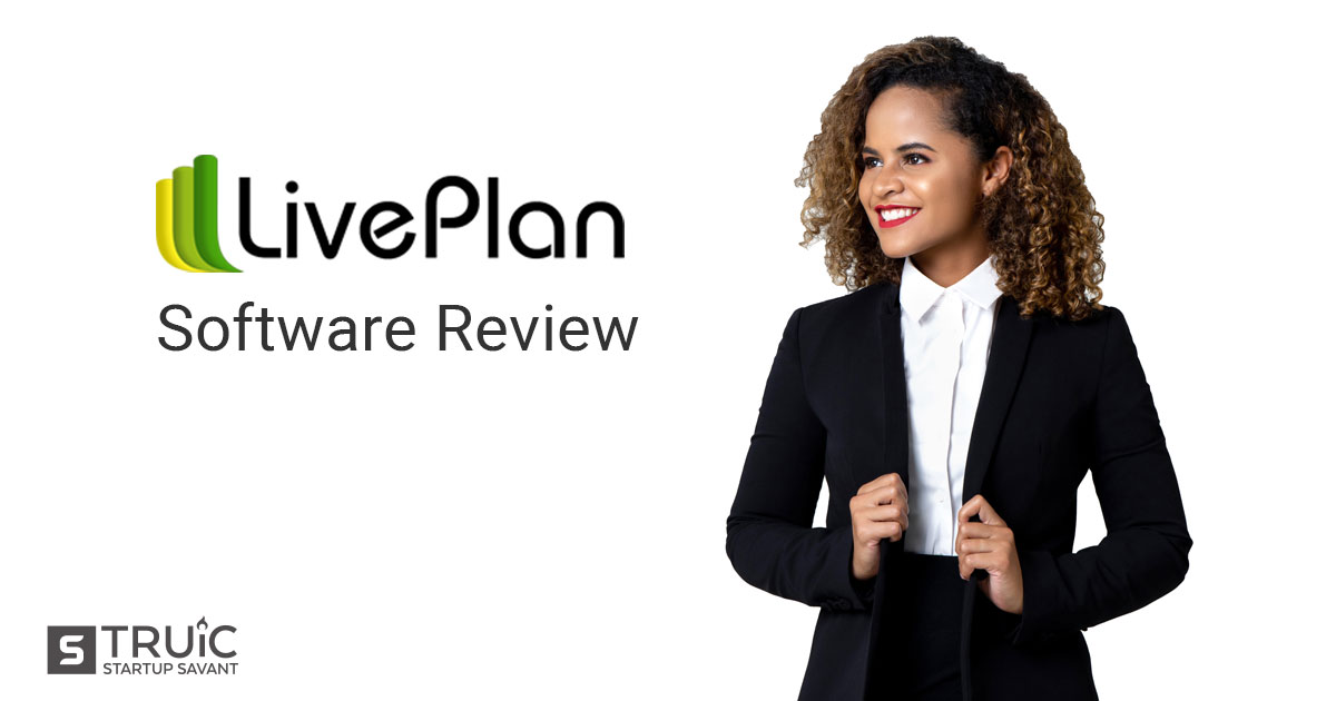Businesswoman and LivePlan Logo with text underneath reading, "Software Review."