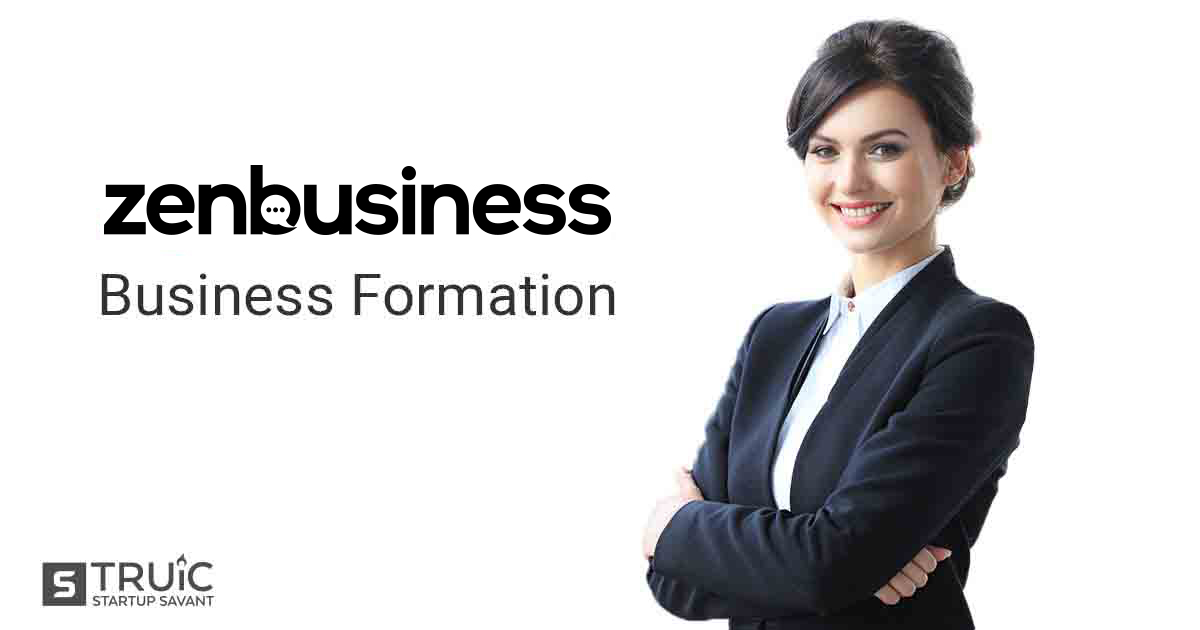 Businesswoman and ZenBusiness logo with text underneath reading, "Business Formation."